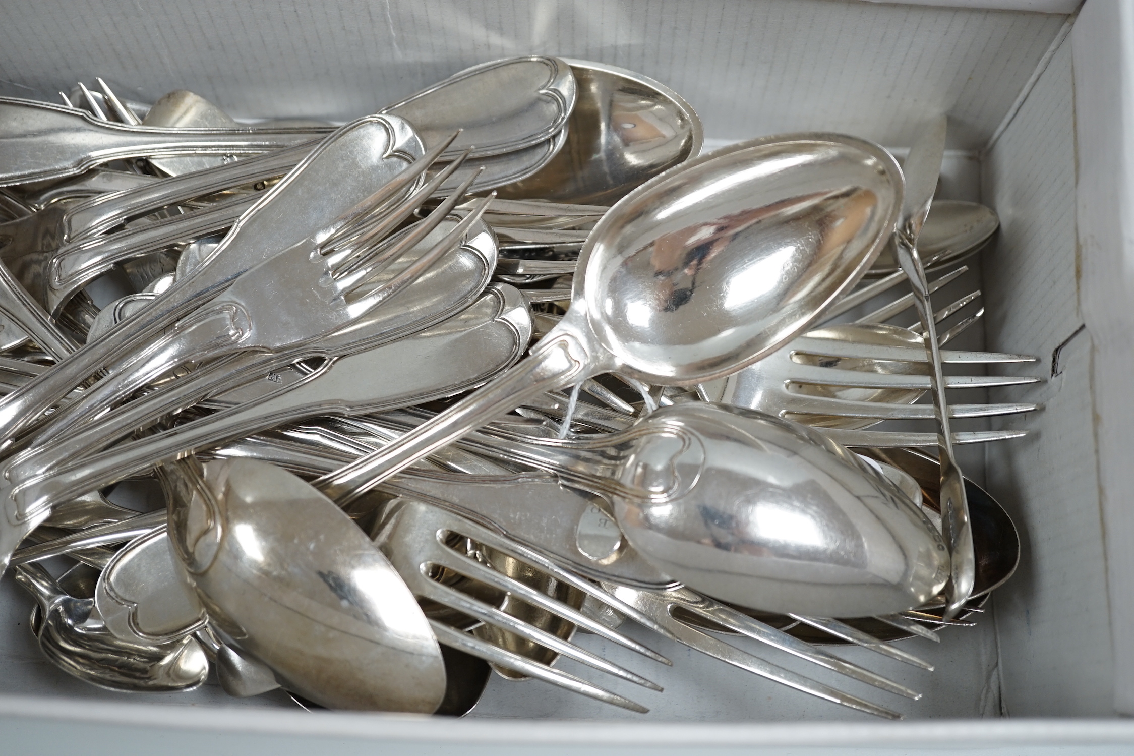 A set of six Victorian silver fiddle pattern table forks, London, 1854 and a group of mixed Victorian and later flatware, 46.5oz and a small quantity of Swiss? white metal flatware, 24.5oz.